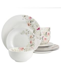 Gibson Home Lily Garden Ceramic 12 Piece Dinnerware Set in White and Pink