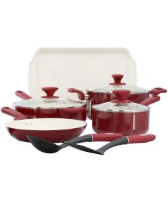 Spice By Tia Mowry 10 Piece Ceramic Nonstick Aluminum Cookware Set in Magenta