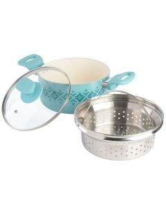 Spice By Tia Mowry Savory Saffron 3 Quart Ceramic Nonstick Aluminum Dutch Oven with Lid and Steamer in Mint