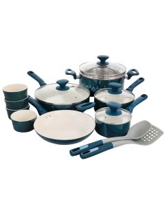 Spice by Tia Mowry Savory Saffron 16 Piece Ceramic Nonstick Cookware Set in Teal